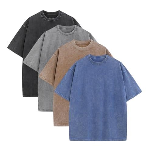 🔥Summer Flash Sale 50% OFF - 4 Pack Oversized Tshirts for Men Gym Vintage Heavyweight T Shirts Cotton Workout Acid Wash Baggy Tees