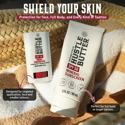 🔥LAST DAY SALE 50% OFF!!🔥 Hustle Butter Tattoo Sunscreen - Mineral Sunscreen Lotion, SPF 50, TSA-Friendly, Water Resistant, 3 oz