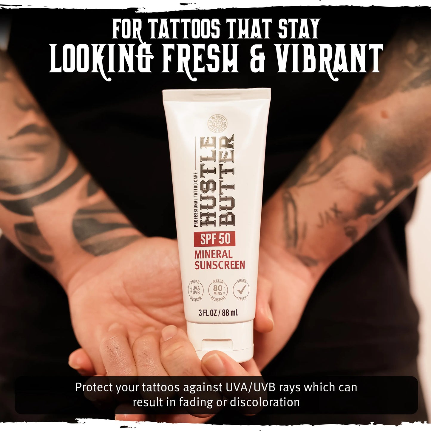 🔥LAST DAY SALE 50% OFF!!🔥 Hustle Butter Tattoo Sunscreen - Mineral Sunscreen Lotion, SPF 50, TSA-Friendly, Water Resistant, 3 oz
