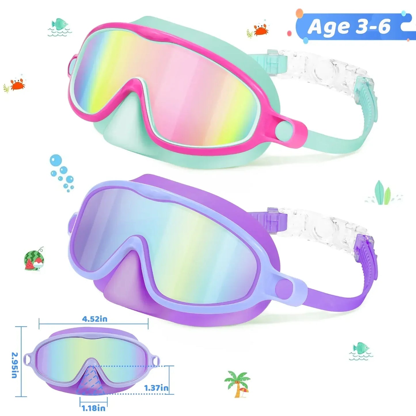 Kids Swim Goggles 2PCS – Anti-Fog UV Protection Swimming Goggles with Nose Cover