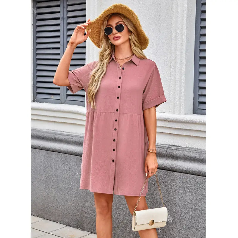 🔥Summer Flash Sale 50% OFF - AUSELILY Babydoll Dress for Women Short Sleeve Button Down Textured Non-clingy Loose Fit Flowy Mini Dress with Pockets 2026 New Summer Dress