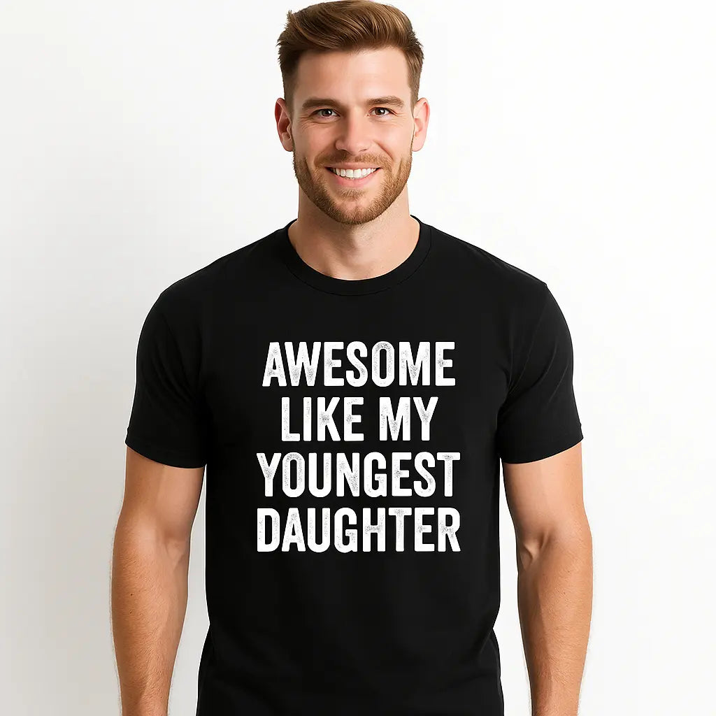 Men's Cotton Short-Sleeve Round Neck T-Shirt, Classic Lightweight Fitted Mens Fashion Top, Soft Versatile Everyday Casual Wear with "Awesome Like My Youngest Daughter" Graphic Print, Ideal Father’s Day Gift for Outdoor Activities