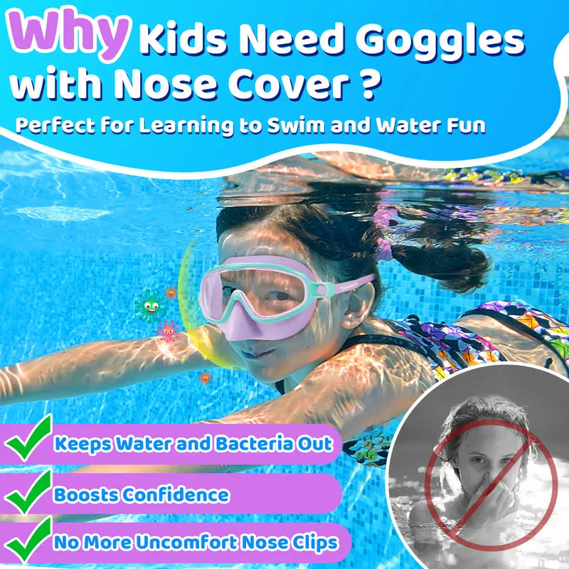 Kids Swim Goggles 2PCS – Anti-Fog UV Protection Swimming Goggles with Nose Cover